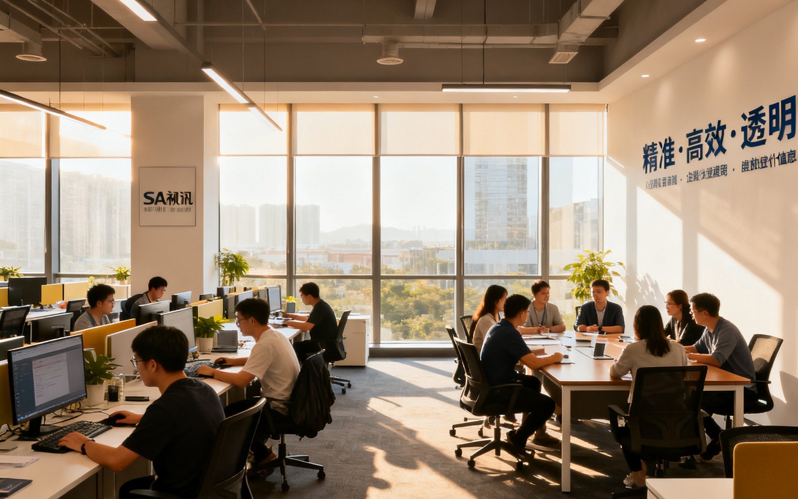SA视讯深圳总部开放式办公区全景，阳光透过落地窗洒在整洁的工位上，数十位员工正在专注工作，墙上挂着「精准·高效·透明」的企业价值观标语，会议室里团队正在进行投放策略讨论。