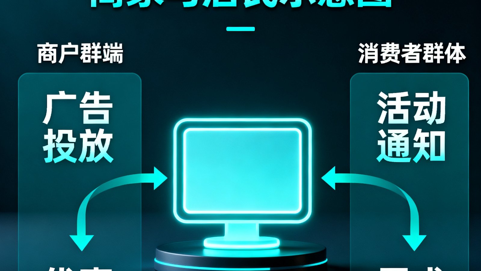 一张信息图风格的配图，展示线下屏幕媒体如何连接社区商家与居民，中间是发光的屏幕图标，两侧分别连接着商户和消费者群体。