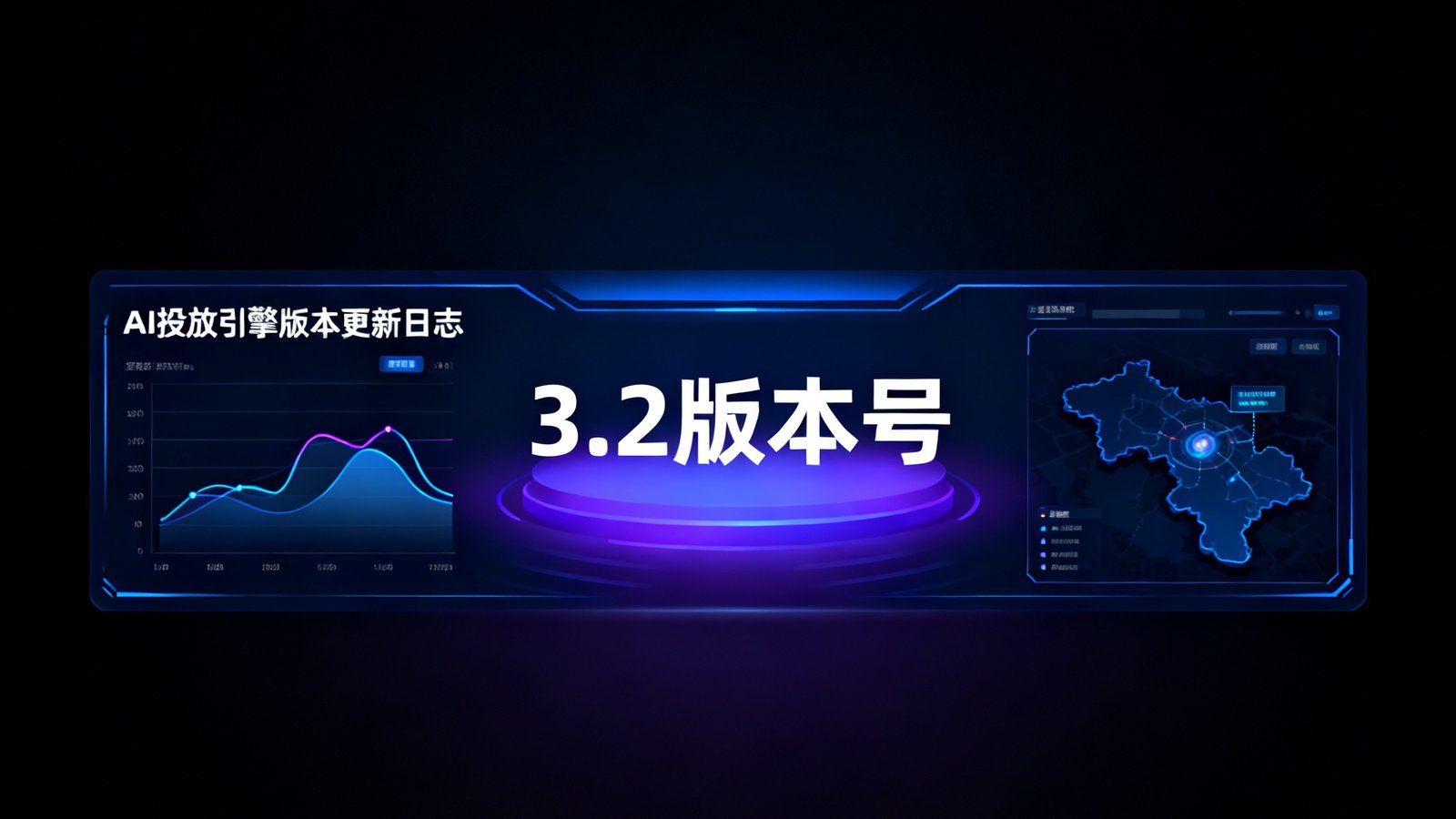 科技感十足的软件界面截图，深色背景上展示着AI投放引擎的版本更新日志，数据曲线和地图可视化元素点缀其中，突出3.2版本号。
