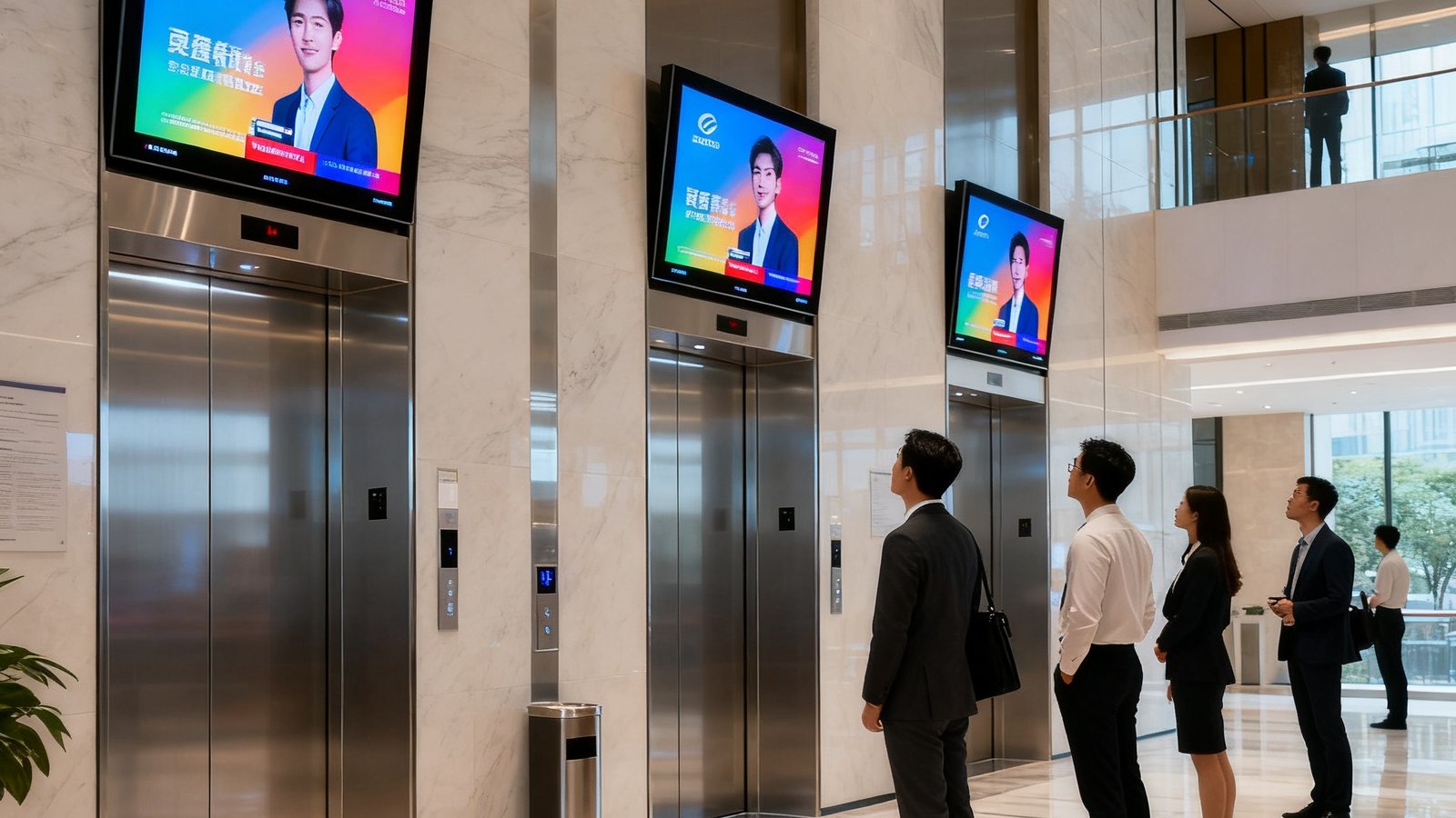 现代化写字楼大堂内，三块高清电梯屏正在同步播放品牌广告，色彩鲜艳画质清晰，等候电梯的白领们目光自然聚焦在屏幕画面上，氛围专业且高效。