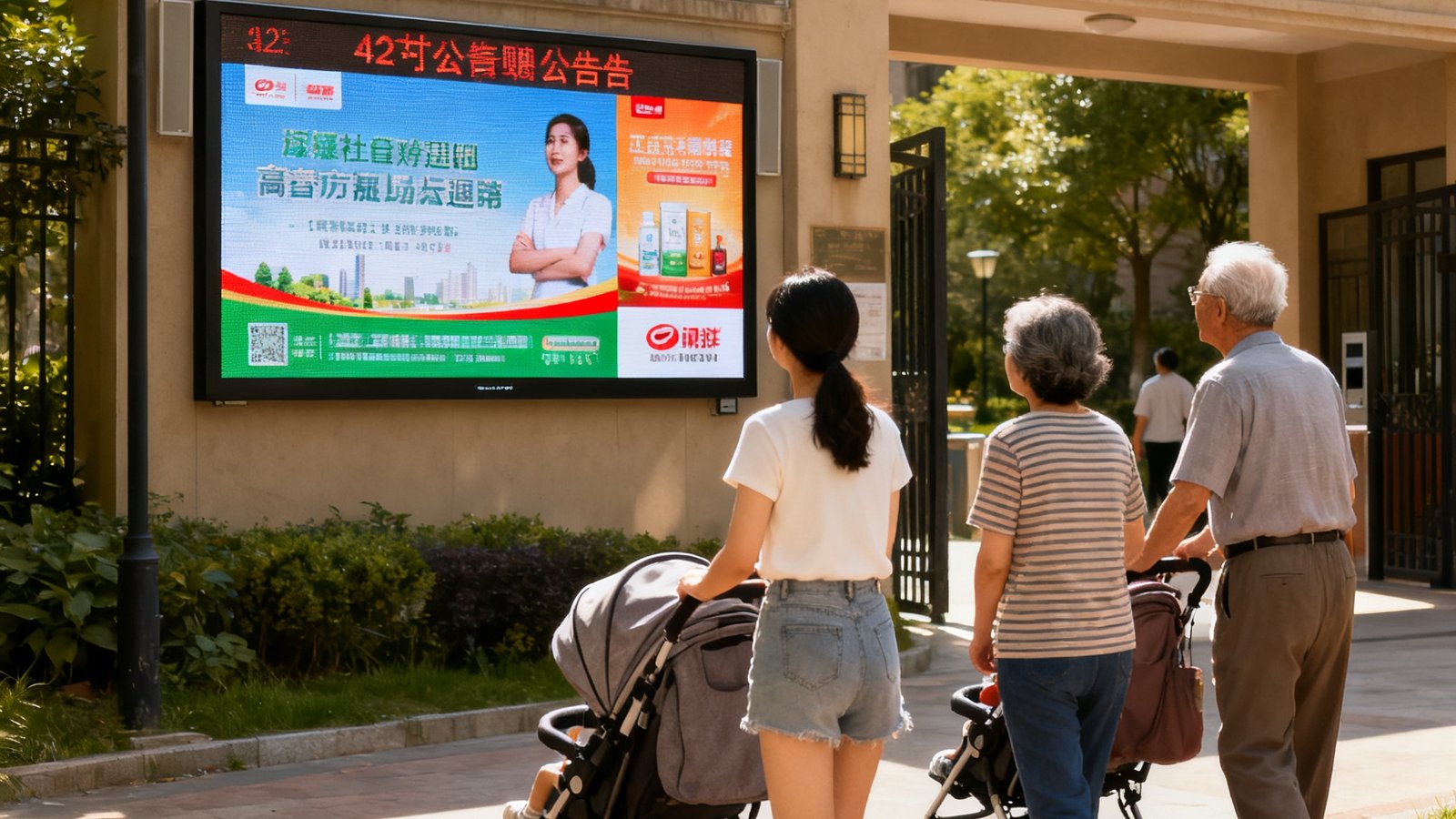 阳光明媚的居民社区入口处，一块42寸公告屏正在轮播社区通知和品牌广告，几位推婴儿车的年轻妈妈和遛弯的老人驻足观看，画面温馨自然充满生活气息。