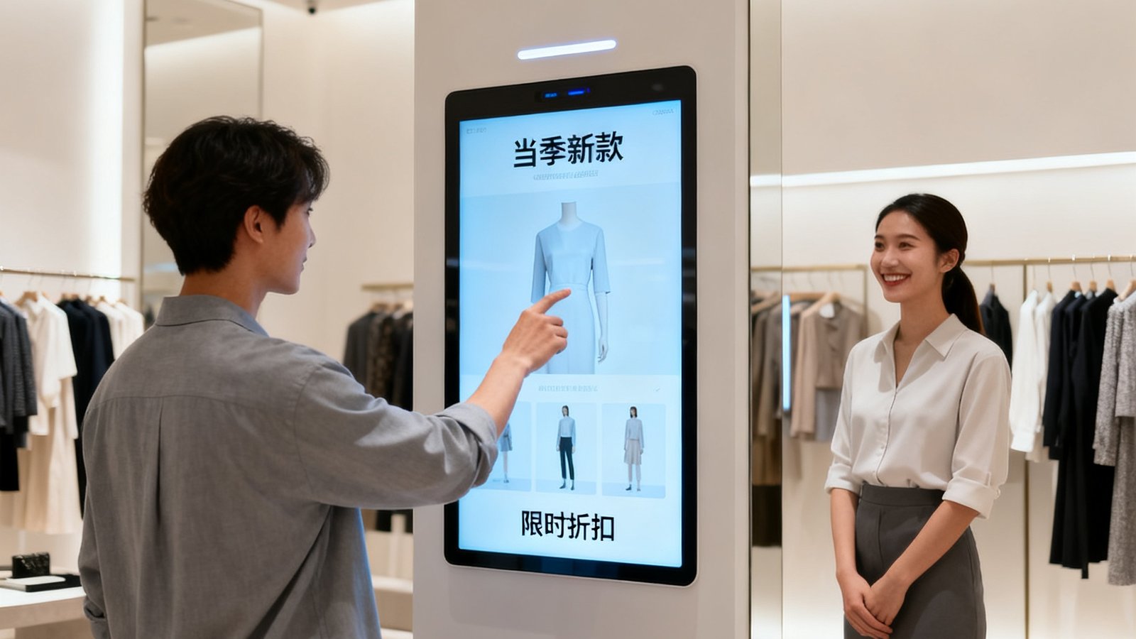 一家时尚服装门店内，顾客正在触摸智慧导购屏查看商品详情和搭配推荐，屏幕界面设计简洁美观，展示着当季新款和限时折扣信息，导购员在一旁微笑等候。