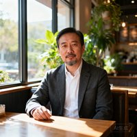 一位40岁左右的男性运营总监，穿着休闲西装，留着短须，气质沉稳，坐在餐厅靠窗位置自然光线充足。