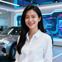 一位年轻干练的30岁女性品牌经理，长发披肩，穿着简约白色衬衫，在充满科技感的汽车展厅中微笑着面对镜头。